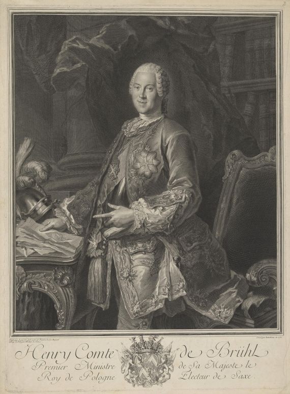 Heinrich Graf von Brühl, Stich nach einem Gemälde von Louis de Silvestre, 1750 (Sammlung Matthias Donath)