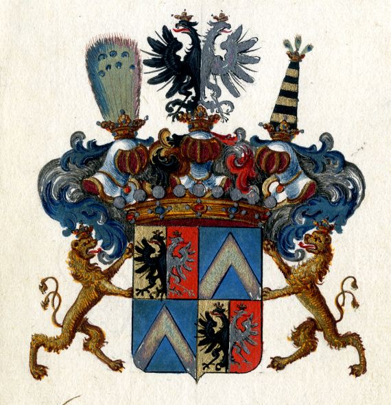 Herb hrabiów von Brühl z dyplomu hrabiowskiego, 1737 (Österreichisches Staatsarchiv Wien)